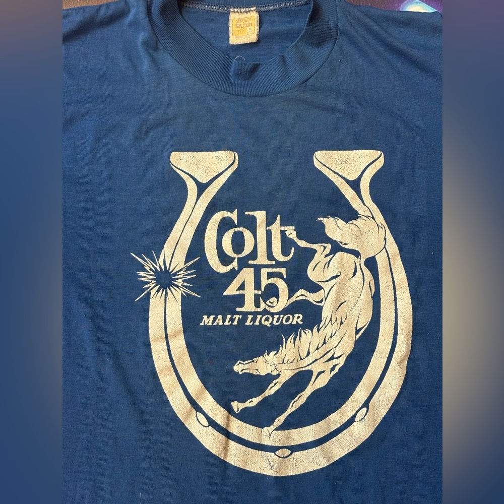 Vintage 1970's Colt 45 Malt Liquor Promo shirt size Medium Single Vela Sheen tag